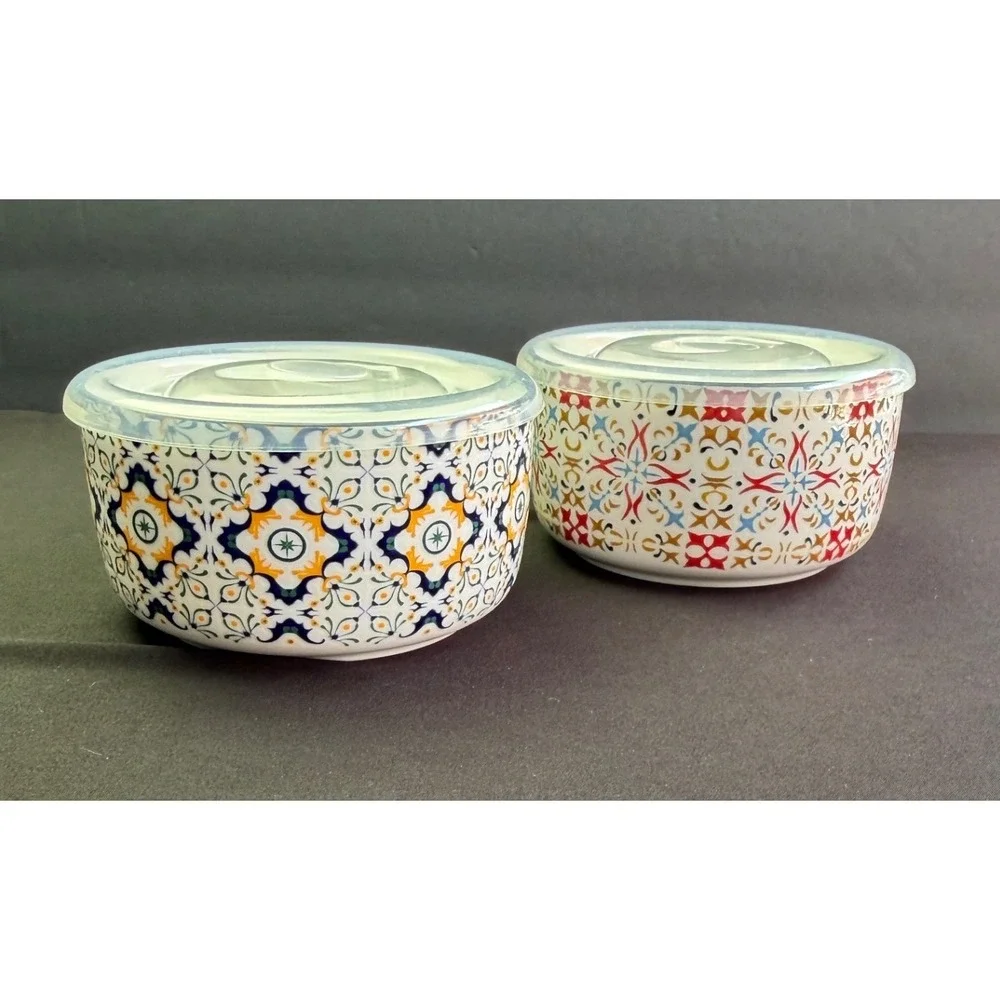 2 Signature Housewares Stoneware Storage Bowls Vented Lids Boho Mediterranean